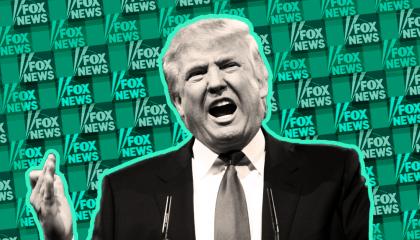 Donald Trump's face superimposed over a background of green Fox News logos. 