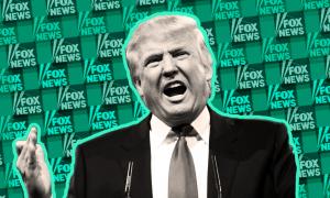 Donald Trump's face superimposed over a background of green Fox News logos. 