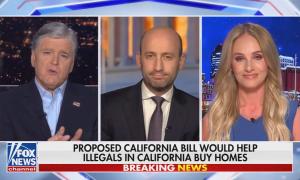 still of Hannity, Stephen Miller, Tomi Lahren; chyron: Proposed California bill would help illegals in California buy homes