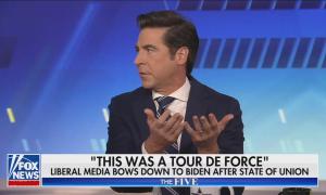 still of Watters; chyron: "This was a tour de force" Liberal media bows down to Biden after State of Union