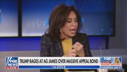 still of Jeanine Pirro; chyron: Trump rages at AG James over massive appeal bond