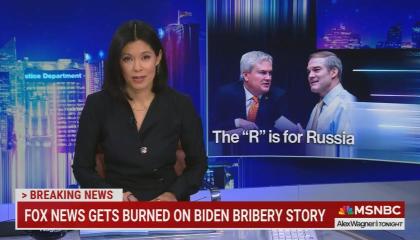 still of Alex Wagner; chyron: Fox News gets burned on Biden bribery story; image of James Comer, Jim Jordan titled 'The "R" is for Russia'