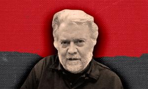 Steve Bannon on a red background