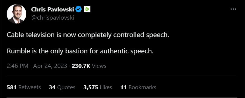 Pavlovski tweet calling Rumble the last bastion of authentic speech