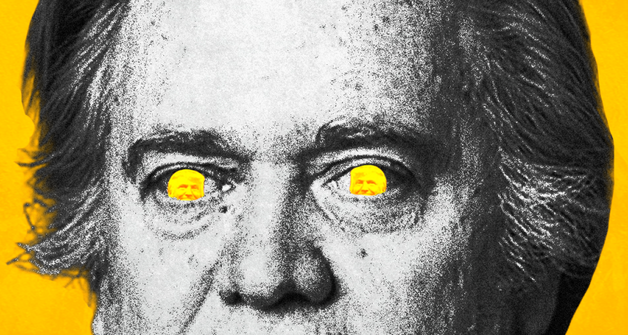 image of Steve Bannon with Trump's face in his eyes