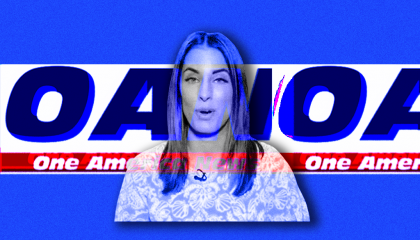 A blue-tinted, partially transparent image of OAN correspondent Christina Bobb layered on top of two overlapping One America News logos