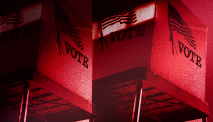 Image of voting booths with an American flag and the word "vote" on the side