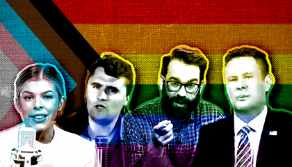 Right wing pundits Allie Beth Stuckey, Charlie Kirk, Matt Walsh and Brian Kilmeade overlaid with a progress pride flag