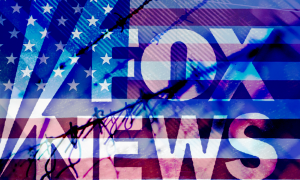 Fox News logo with the American flag and a barbed wire fence