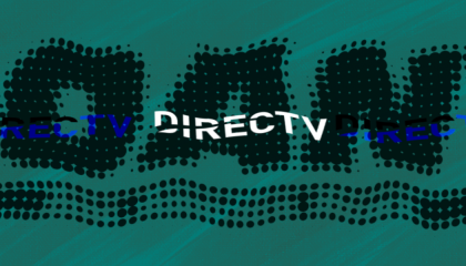 A black, disintegrating OAN logo against a green background, with a line of black and blue DirecTV logos running through the OAN logo