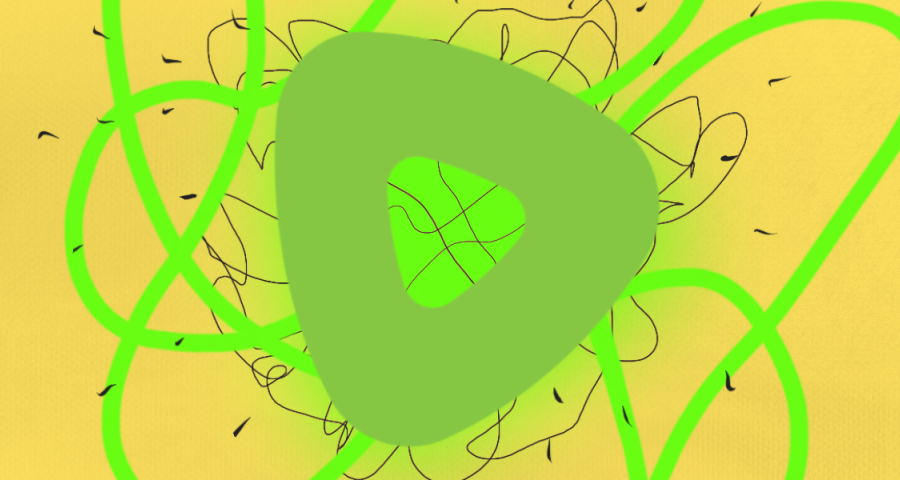 On a chartreuse background, a green Rumble app icon is seen, with lime green tendrils snaking around the icon. 