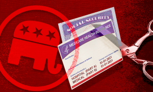 red background with the GOP elephant symbol next to social security checks with scissors 