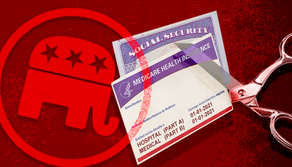 red background with the GOP elephant symbol next to social security checks with scissors 