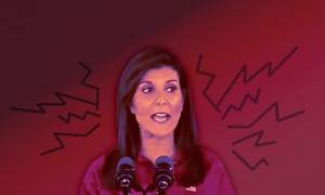 A red-tinted image of former U.N. Ambassador Nikki Haley speaking, with jagged black lines around her head