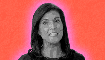 Black and white image of Nikki Haley on a pink and slamon gradient background