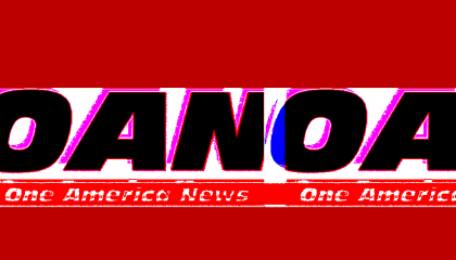 A stylized version of the One America News logo, repeating as if in a digital display glitch, against a red background.
