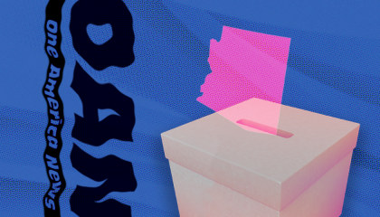 A pink-red silhouette of Arizona entering a ballot box, set against a wavy blue background and the OAN logo, in black, placed left-end-up to the left of the ballot box.