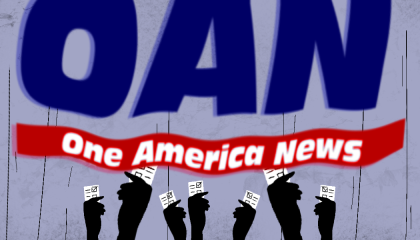 Silhouettes of raised hands clutching ballots, with a warped OAN logo in the background