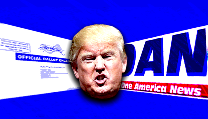 Graphic of Trumps disembodied head floating against a blue background with the OAN logo and a mail-in ballot jutting out of the sides