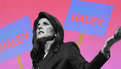 A black and white image of Nikki Haley with campaign signs behind her, photoshopped into blues and pinks
