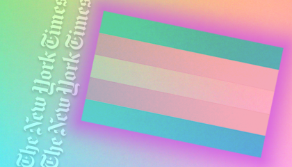 A trans flag with a purple glow in front of a pastel rainbow background with the New York Times logo in faded white running parallel to the short edge of the flag