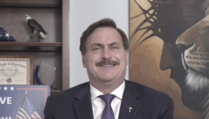 A screenshot of Mike Lindell appearing on his own show, The Lindell Report