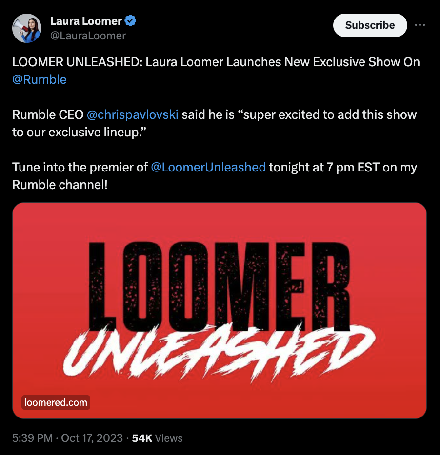 Loomer Embed Rumble Exclusives