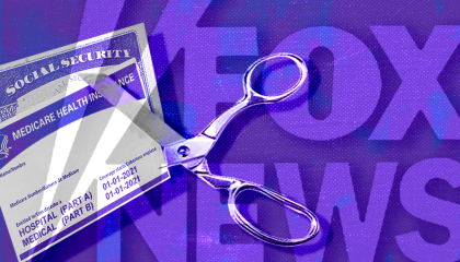 Purple background with Fox News logo and scissors cutting up Social Security and Medicare forms 