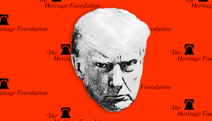 Donald Trump over Heritage Foundation logo