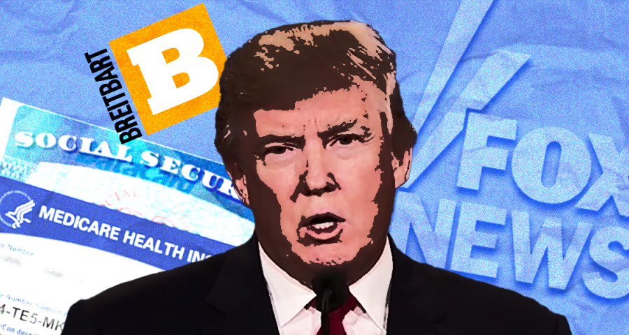 Donald Trump with the logos of Fox News and Breitbart, with Social Security and Medicare cards in the background