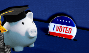piggy bank with grad cap and 'I Voted' sticker
