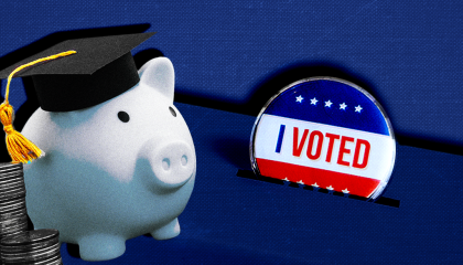 piggy bank with grad cap and 'I Voted' sticker